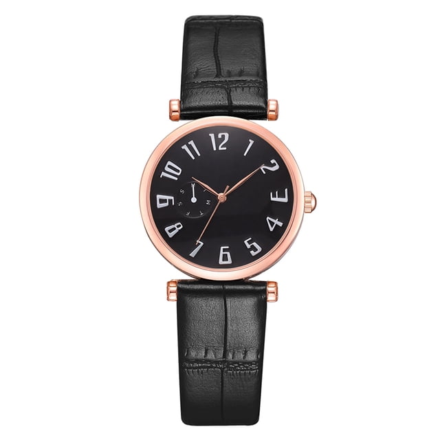 Reloj casual de moda para hombres y mujeres, reloj de pulsera con banda de cuero PU de cuarzo (esfera negra de oro rosa pequeña)