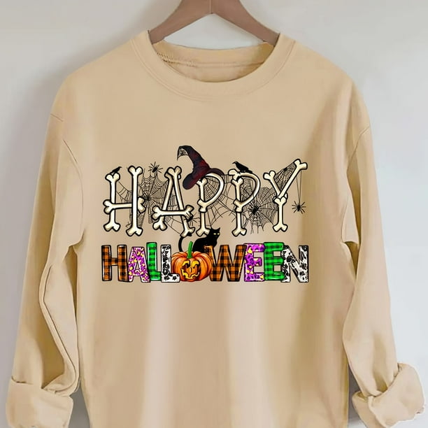 Sudadera Con Estampado De Halloween Feliz, Sudadera Casual De Manga Larga Con Cuello Redondo Para Otoño E Invierno, Ropa De Mujer