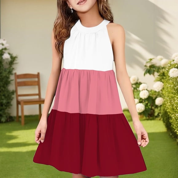 QTBIUQ Robe Patchwork Sans Manches à Col Rond 3 Tons pour Fille avec Camisole et Poche, Décontractée, Quotidienne, Polyvalente, pour Vacances, Fête, Jeu, Ensemble d'Été, Style Mignon et Concis (Vin, 9-10 Ans)