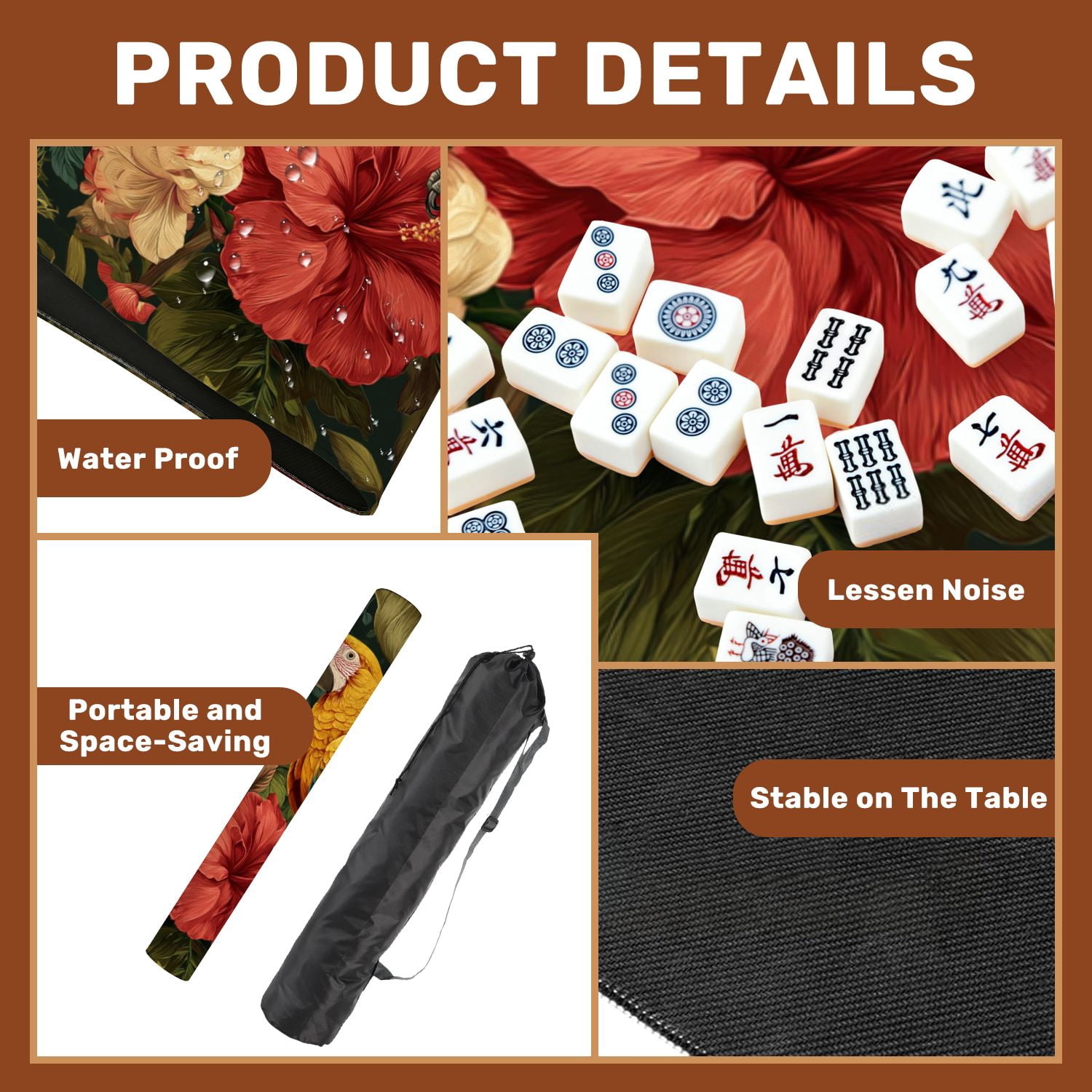 Mahjong Mat 31.5" x 31.5" Tropical Flowers Parrots Seamless Floral Summer For Non-Slip Noise Reduction American Mahjong Tiles Table Cover for Dominoes Poker Card Board Games Gift