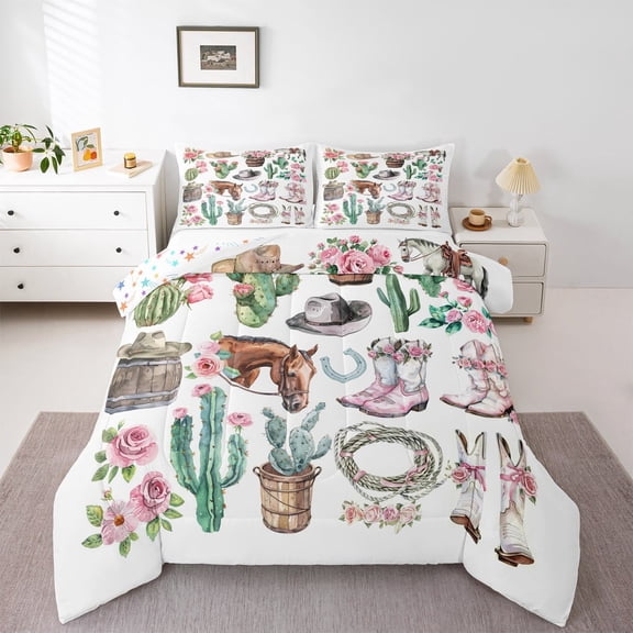 jejeloiu Western Cowgirl Boots Bedding Comforter Set,Ruatic Flower Cactus Twin Comforter Sets,Farm Horse Horseshoe Bedding Set For Child,Luxury Bedroom Decor Reversible,2 Pieces