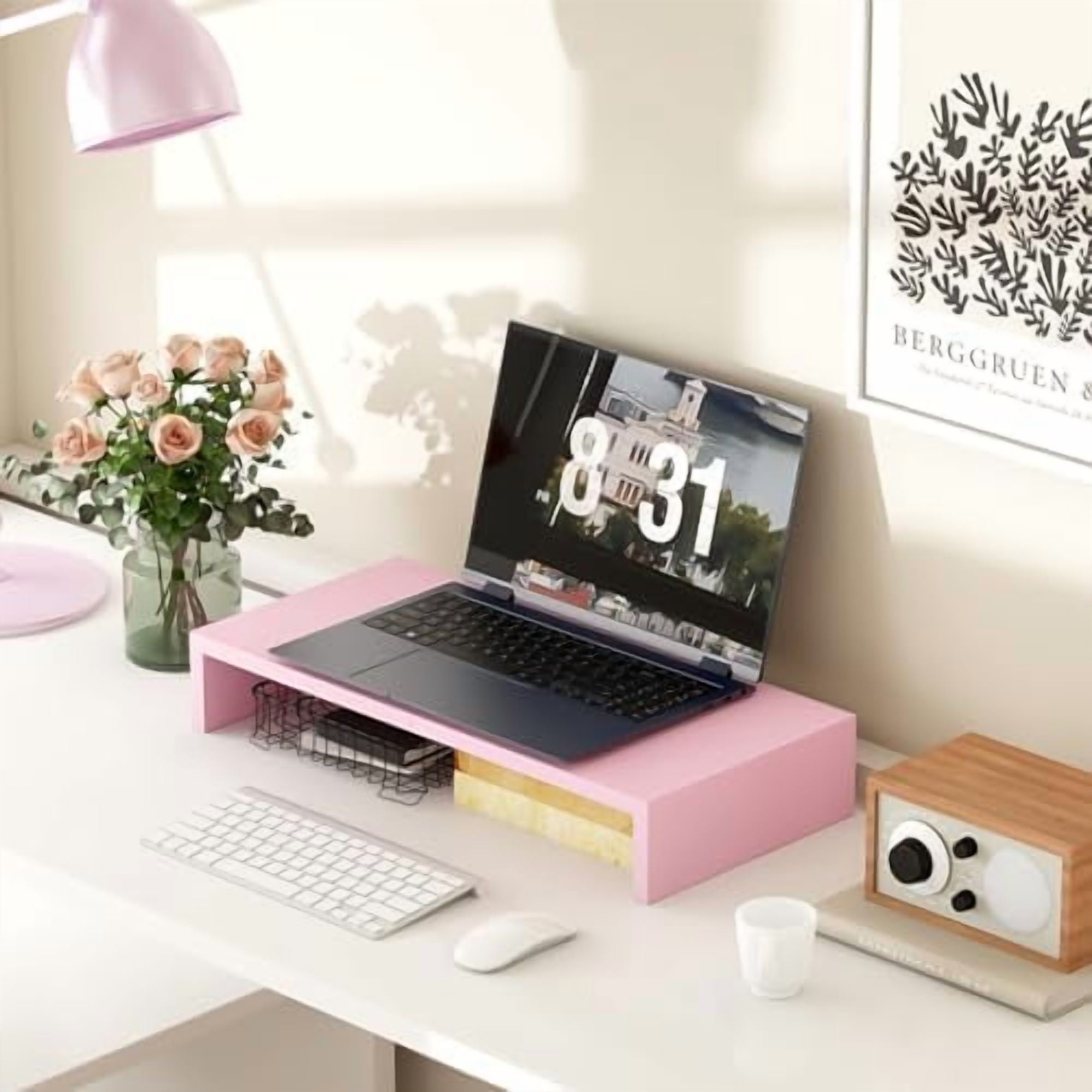 Pink Monitor Riser-20L inch, Wood Monitor Stand for Desk, Sturdy TV/Screen/PC/Printer/Laptop Riser,Computer Shelf with Storage TV Holder for Home Office (Pink, 20 inch)