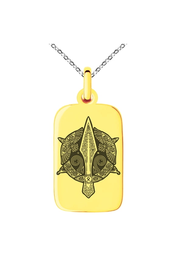 Stainless Steel Gungnir Odin's Spear Viking Norse Engraved Small Rectangle Dog Tag Charm Pendant Necklace