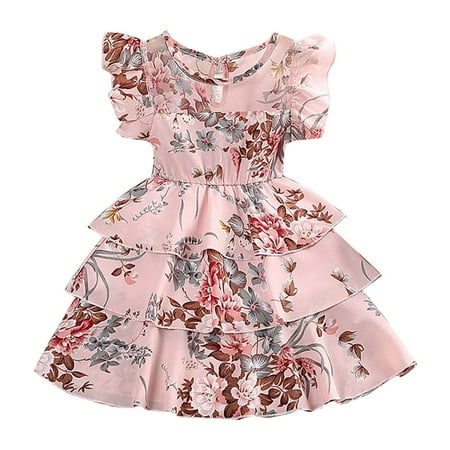 

Summer Dresses For Girls Child Fly Sleeve Layered Skirt Flowers Prints Ruffles Beach Sundress Party Sun Dress