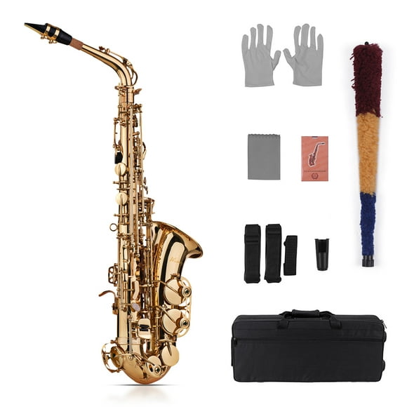 Muslady Eb Alto Saxophone Sax Brass Lacquered Gold 802 Key Type Woodwind Instrument with Padded Carry Case Gloves Cleaning Cloth Brush Sax Straps Reeds