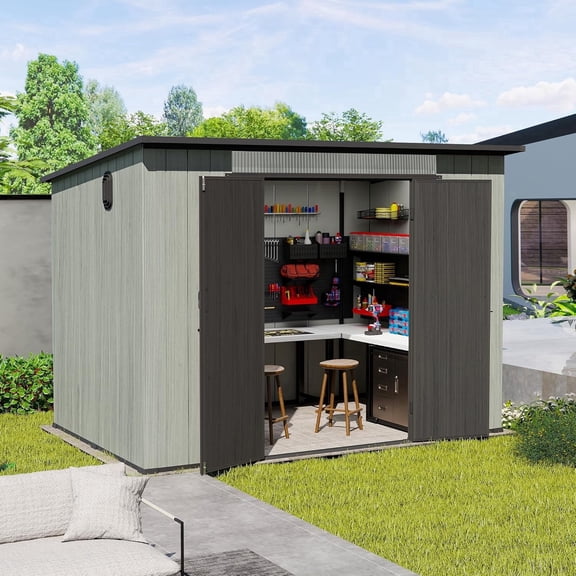 Domi Outdoor Living 6x9 FT Outdoor Resin Storage Shed with Windows and Vents, Lockable Double Doors, Waterproof Sloped Roof Plastic Tool Shed for Garden, Patio, Backyard, Gray