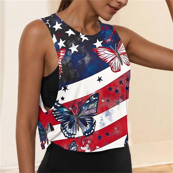 Jsaierl 4th of July Tank Tops for Women Plus Size Patriotic American Flag Graphic Tees Loose Fit Sleeveless T Shirts Camisole Trendy Crew Neck Tanks S-XXL