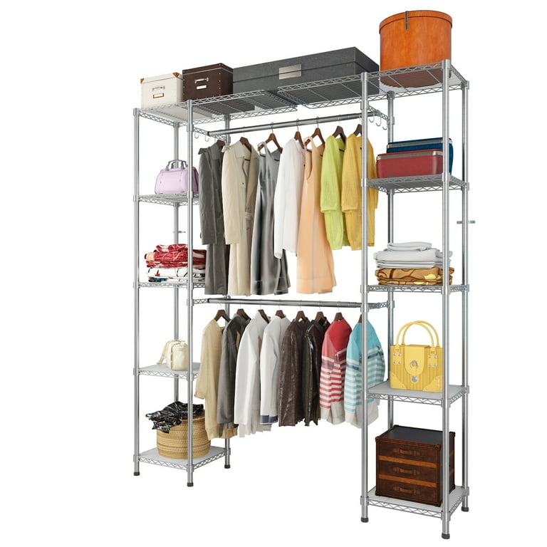 Zimtown Freestanding Closet System Storage Organizer Shelves Kit Expandable Heavy Duty Garment Rack Wardrobes Hanging Clothes Rack Metal Silver