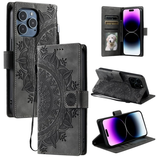 Étui à Rabat pour iPhone 16 Pro Max, Portefeuille en Cuir PU Premium avec Fleurs en Relief Totem, Porte-Cartes et Support Compatible avec iPhone 16 Pro Max - Gris