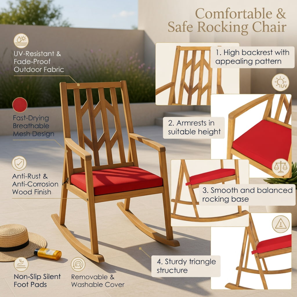 Hommoo Acacia Wood Patio Rocking Chair Sofa with Removable Cushion, Natural Wood Frame, Outdoor Garden & Deck Seating for Backyard, Poolside, Porch, Red
