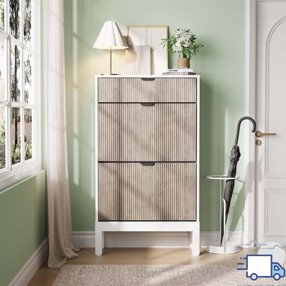 Shoe Storage Cabinet with 2 Flip Drawers & Top Drawer, Slim Entryway Organizer with Metal Legs, Farmhouse Fluted Design