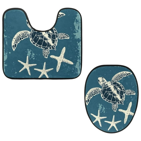PhooArto Toilet Lid Cover and U-Shaped Toilet Floor Mat Set of 2 Pieces, Retro Beach Turtle Toilet Mat Set, Machine Washable Seat Covers Non-Slip Absorbent Rugs