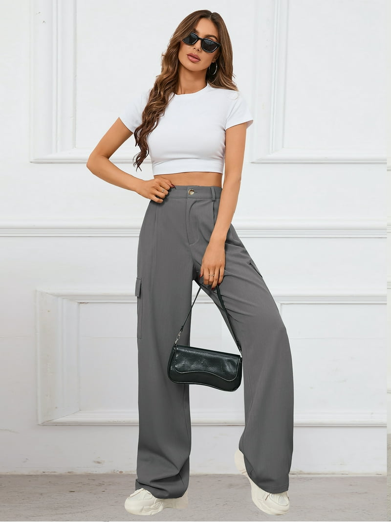 Chiclily High Waist Stretch Cargo Pants Dark Gray 2XL Women Casual