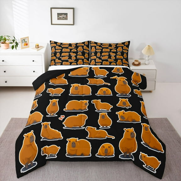 Homewish Underwater Animal Capybara Bedding Comforter Set,Brown Black Twin Comforter Sets,Lovely Kapibara Bedding Set For Kids,Luxury Bedroom Decor Reversible,2pcs
