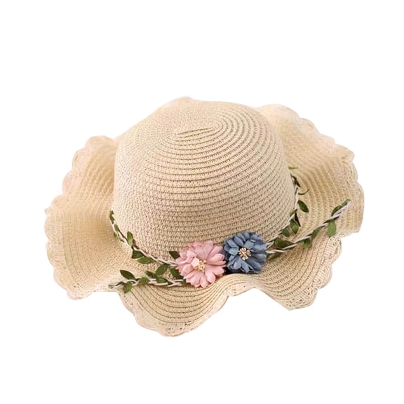AJGRHE Kids Girls Summer Hat Bag Set Wide Brim Sun Hats With Woven Bag Sun Beach Hats Sunhat Floral Tea Party Cap Beige One Size
