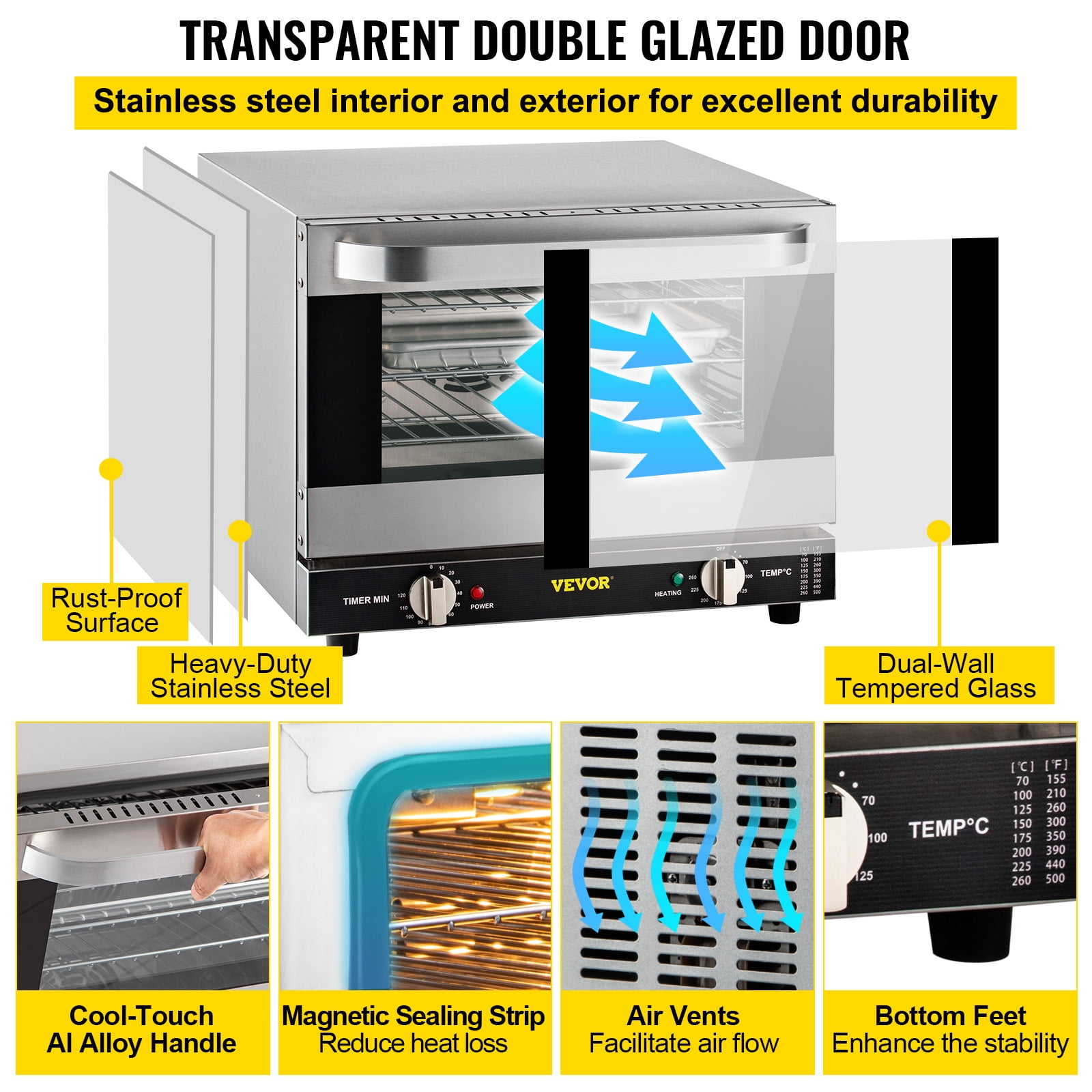 VEVOR Commercial Convection Oven, 21L/19Qt, 1440W 3-Tier Toaster with Front Glass Door,Electric Baking Oven with Trays Wire Racks Clip Gloves