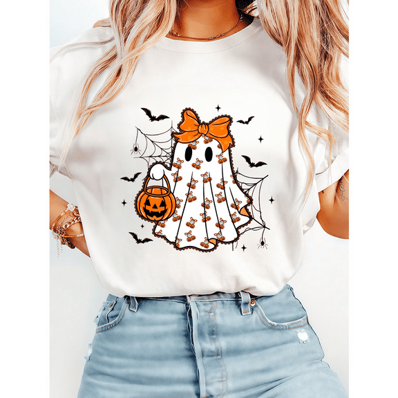 Coquette Lace Ghost Graphic Tees Cute Spooky/Boo Season Print Tops Short Sleeve Casual T-shirts Cotton Shirts for Halloween Gift Daily Outfits White,M