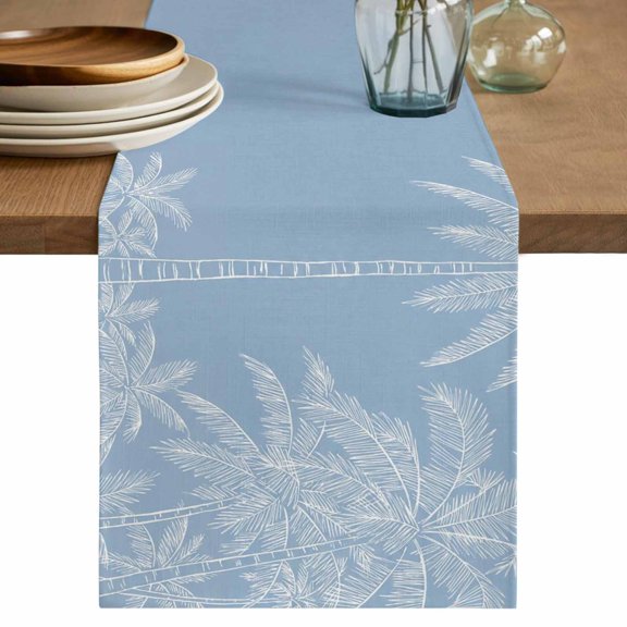 Blue Palm Tree Table Runner 70 Inches, Summer Beach Coastal Tropical Botanical Bed Runner Dresser Scarves Tabletop for Indoor Outdoor Parties/Ceremony/Banquet, 13" x 70"