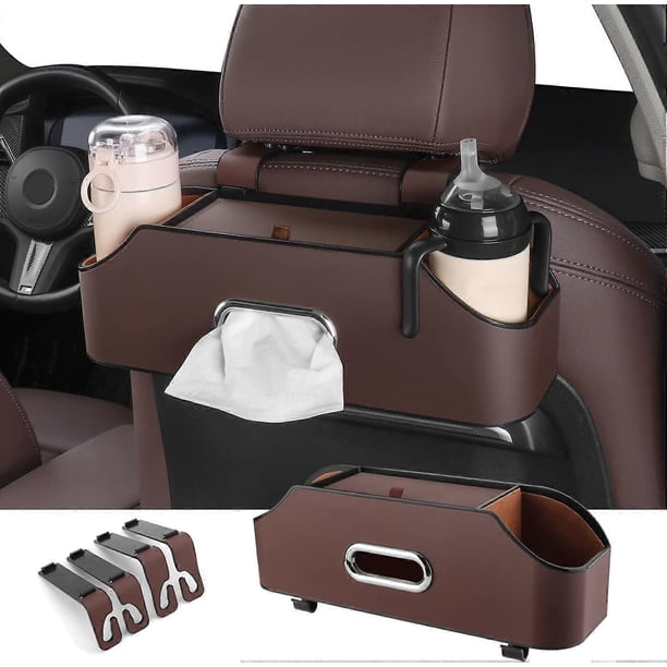 Car Back Seat Organizer with 2 Drink Cup Holder - Tissue Box and Storage Box Hook - Multi-functional Storage - Great for Kids and Travel (Brown)