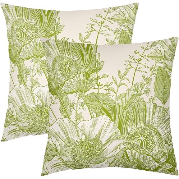 Vintage Flowers Pillow Covers 20x20 Inch Set of 2 Lime Green Floral Leaves Decorative Square Throw Pillows for Couch Rustic Square Pillow Cases Home Decor for Living Room Sofa Porch Outdoor
