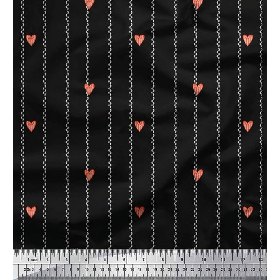 Soimoi Black Cotton Duck Fabric Folk Art Heart & Stripe Printed Craft Fabric by the Yard 42 Inch Wide