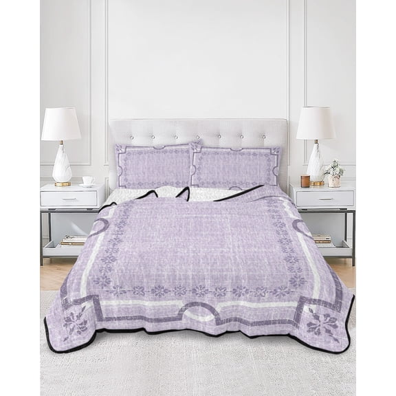 Quilts Queen Size, Lavender Purple Botanical Soft Comforter Bedding Set for Bed, Vintage Florals Geometric Minimalist Lightweight Quilted Bedspread with Pillow Cover(2 Pieces), 90x96 Inch