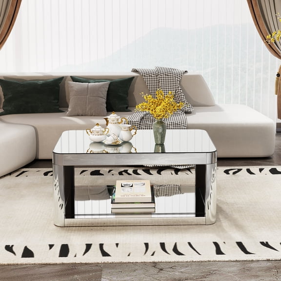 Youmumeub Modern Curved Mirror Coffee Table, 40" Rectangular Glass Sofa Table with Hollow Storage Design, Reflective Silver Furniture for Apartment