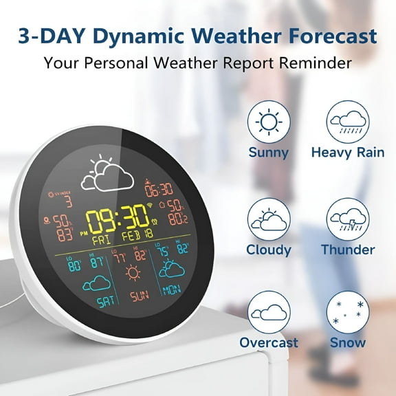 GJX WiFi Weather Clock, 3-Day Forecast Weather Station with Wireless Thermometer & Hygrometer, LCD Display & Mobilephone Control