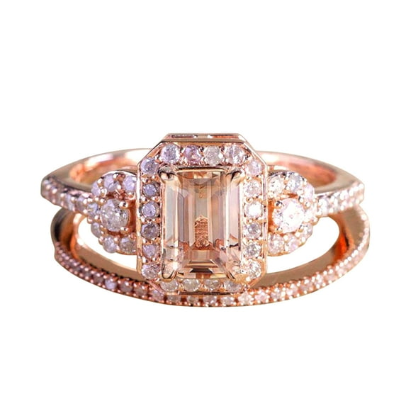 Huge 1.50 carat Real Morganite and Man made diamond moissanite Halo Bridal Wedding Ring Set Designer Style Sterling Silver with 18k Gold Plating