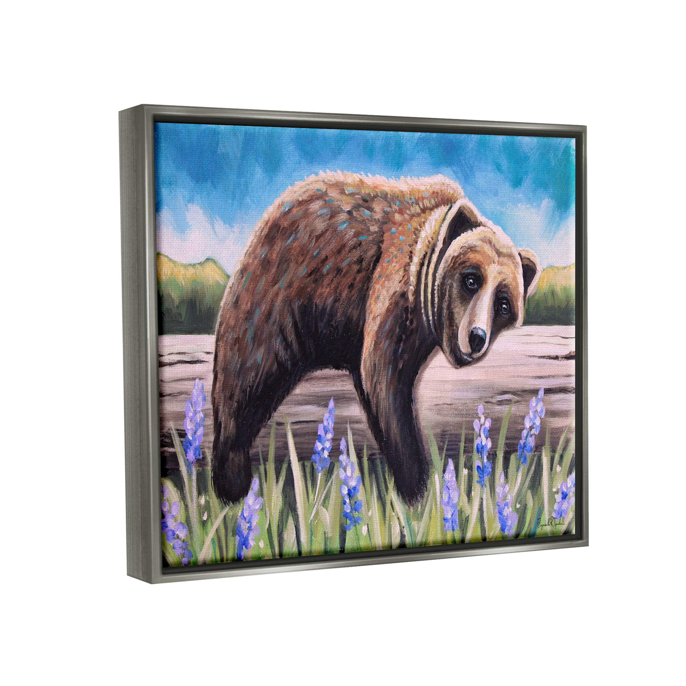 Stupell Industries Relaxing Bear Resting Tree Trunk Meadow Painting Luster Gray Floating Framed Canvas Print Wall Art, Design by Elizabeth Tyndall