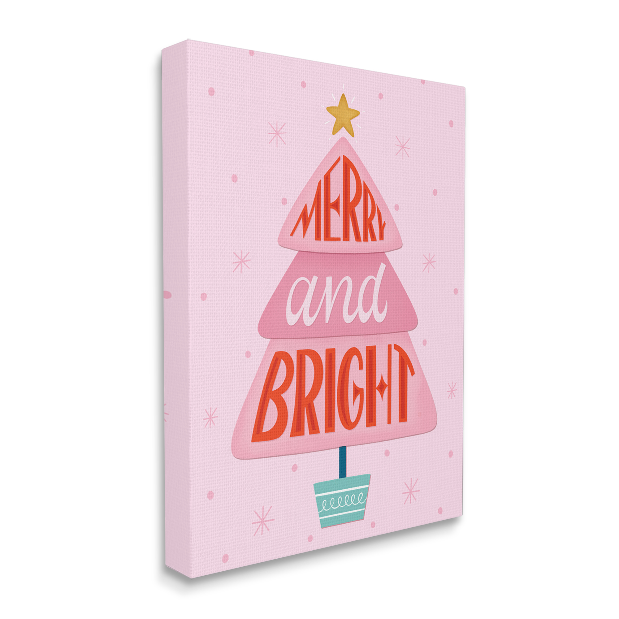 Merry & Bright Typography Pink Christmas Tree Pattern Inspirational Graphic Art Gallery-Wrapped Canvas Print Wall Art