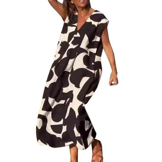 2025 Robe à Col en V pour Dames à Manches Courtes, à Lacets, Imprimée, Grande Jupe, Robe d'Été pour Femmes, Robe Maxi pour Dames, Robes d'Été Décontractées pour Femmes, Robe de Saison, Robes Chemise Maxi, Robes Longueur Genou fo