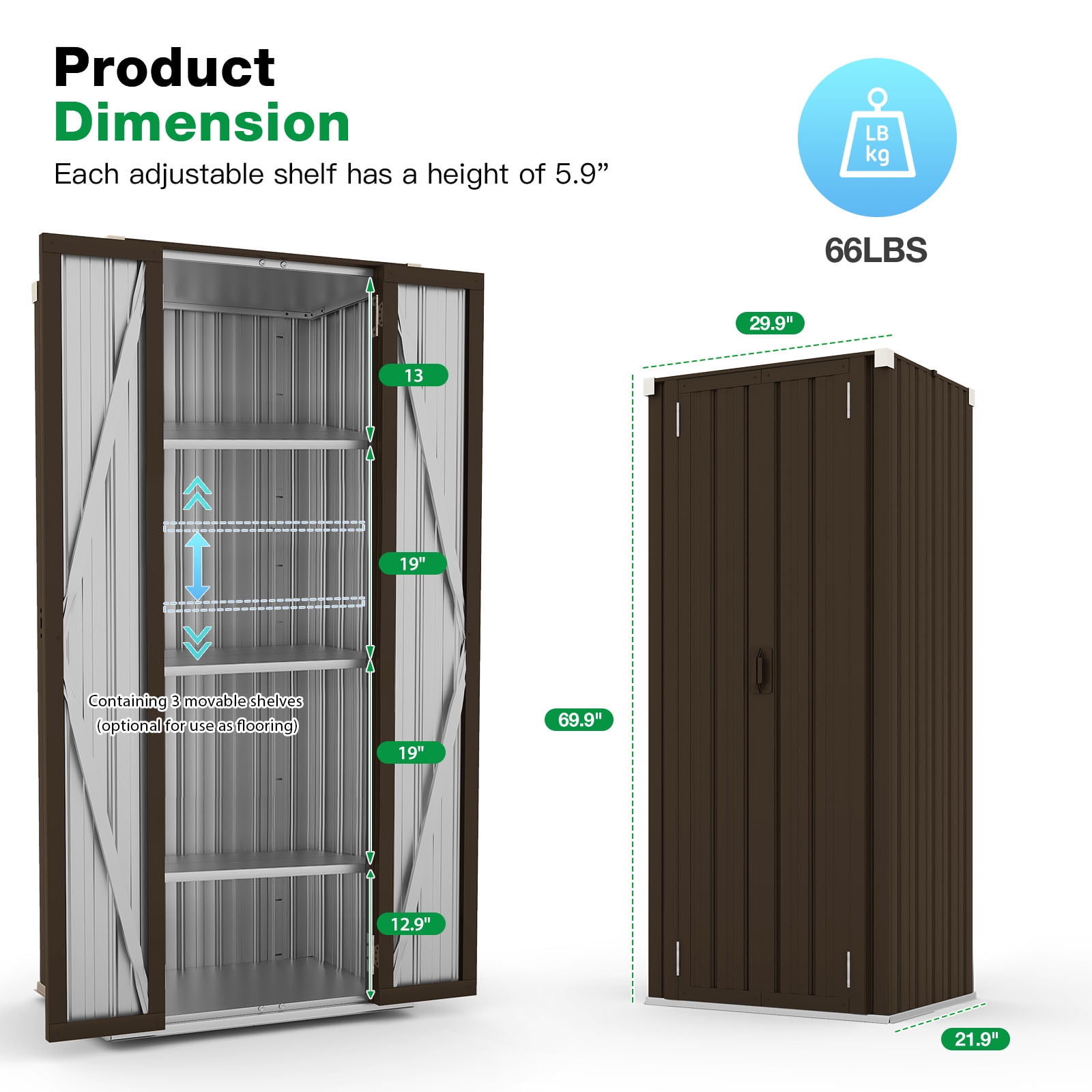 YODOLLA Outdoor Metal Storage, Cabinet with Adjustable Shelves & Locking Doors, for Home, Office,Garden, Brown