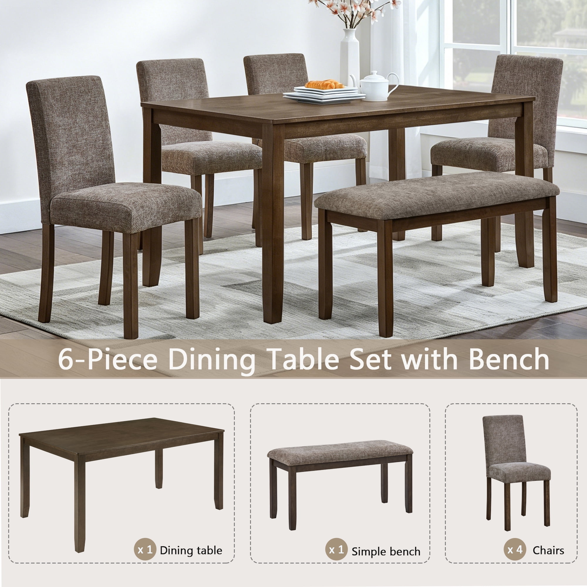 6-Piece Dining Table Set for 6, 58.5" Wood Rectangular Kitchen Table with 4 Chairs & Bench