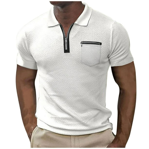pstuiky camisetas de hombre, Camiseta informal transpirable de poliéster de color sólido, cuello cubano grande, manga corta, solapa camisas casuales para hombre xxl