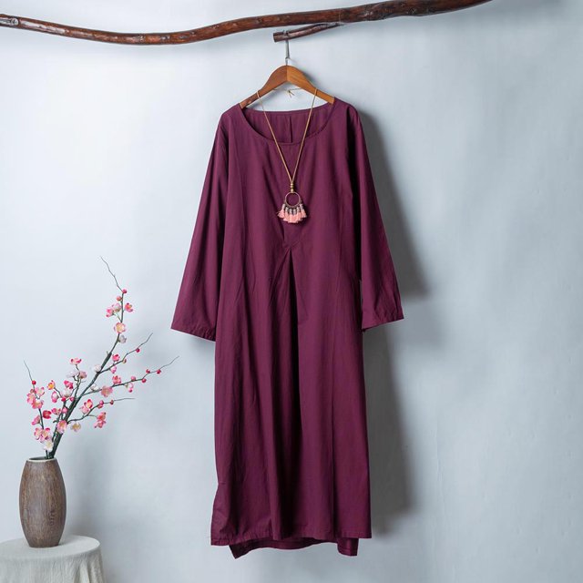 Bolsillos de vestir largos para mujer O-cuello suelto Tallas grandes Ropa de dama sólida Moda Casual Abanopi borgoña/XX-grande