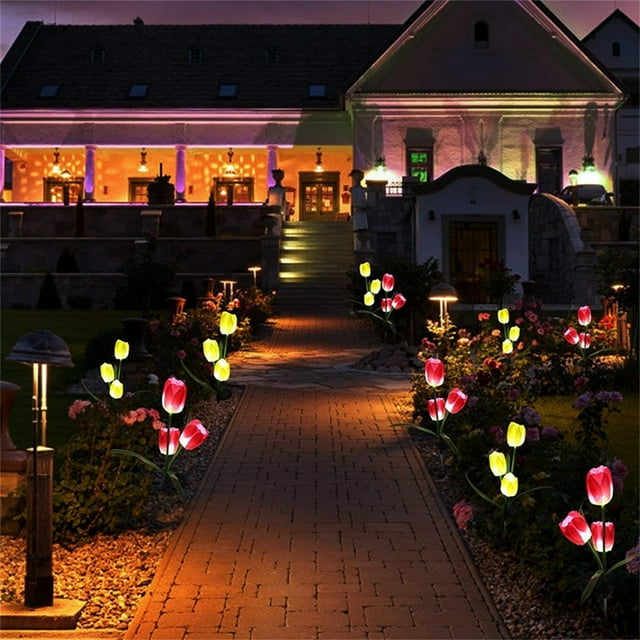 2pcs Solar Garden Lights Outdoor Waterproof Solar Powered Tulip Flower Stake Lights For Pathway Garden Backyard Lawn Decor