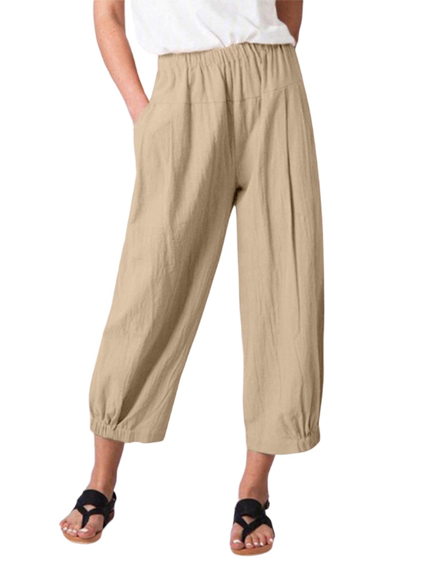 DYMADE Womens Summer Thin Cotton Linen Cropped Pants High Waist Relaxed Fit Wide Leg Harem Pants