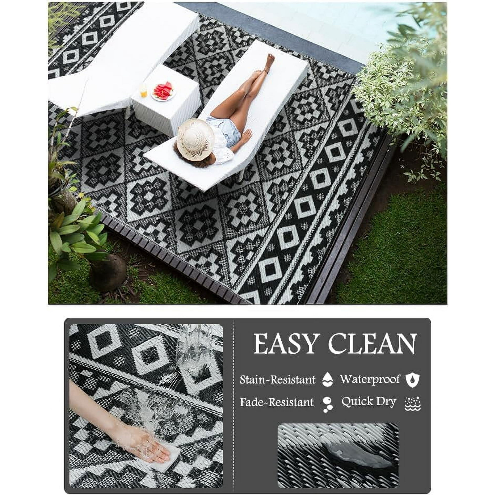 SIXHOME Outdoor Rug 5'x8' Waterproof Reversible Patio Rug Modern Lightweight Plastic Straw Indoor Outdoor Rug for RV Camping Deck Balcony Porch Boho Patio Decor Outdoor Carpet Black and Wite
