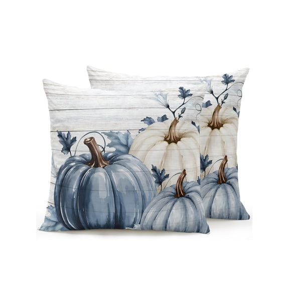 Outdoor Pillows Waterproof, Navy Blue Pumpkin Fall Bedding Throw Pillows with Insert for Couch Sofa Bed, Thanksgiving Botanical Wooden 16x16 Inch Pillowcases Decorative Camping Patio Pillow Set of 2