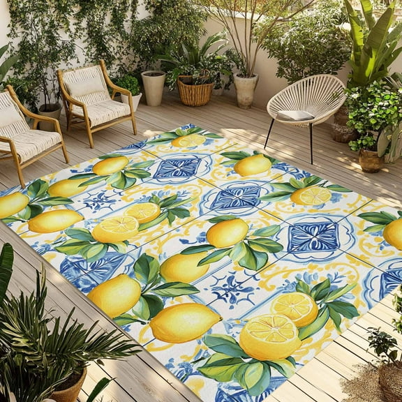 Fsddascl Botanical Lemon Outdoor Rug for Patio/Deck/Porch, Non-Slip Large Area Rug 4 x 6 Ft, Spring Countryside Floral Blue Tile Indoor Outdoor Rugs Washable Area Rugs, Reversible Camping Rug Carpet