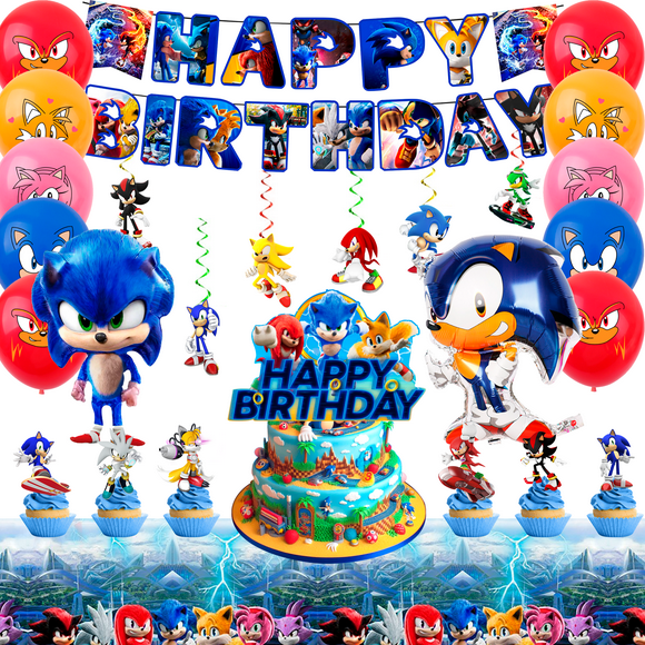 Sonic Fournitures de Fête d'Anniversaire, Ensemble de 35 Pcs Sonic Décorations de Fête - Sonic Décorations d'Anniversaire Bannières Nappe et Sonic Ballons Décorations de Gâteau et Autres Sonic Fournitures de Fête pour Garçons/filles