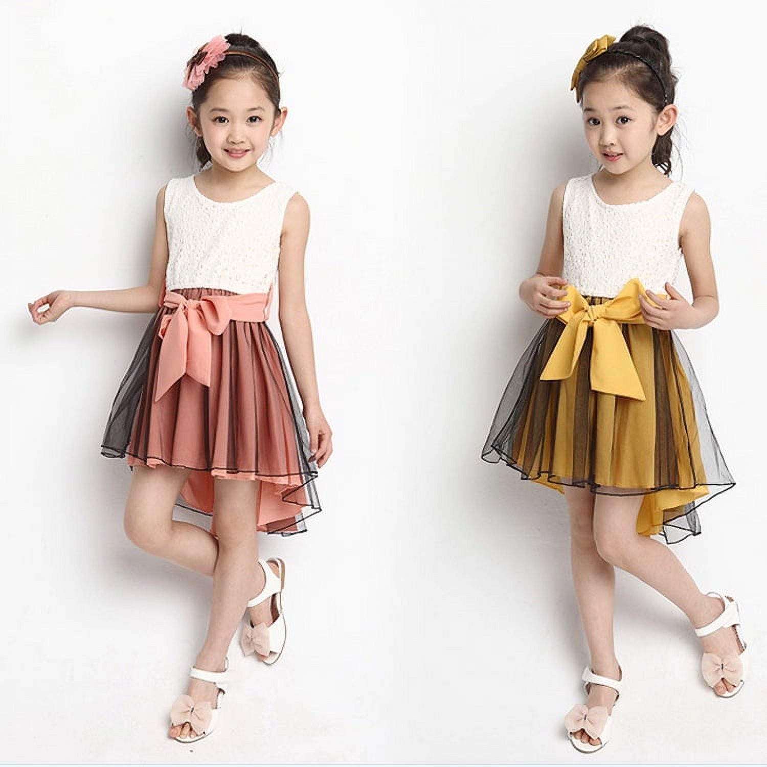 K-Cliffs High-Low Hem Toddler Girls Dress Sleeveless Lace Dress Soft Chiffon/Tulle Bottom, Coral Pink, 3Y