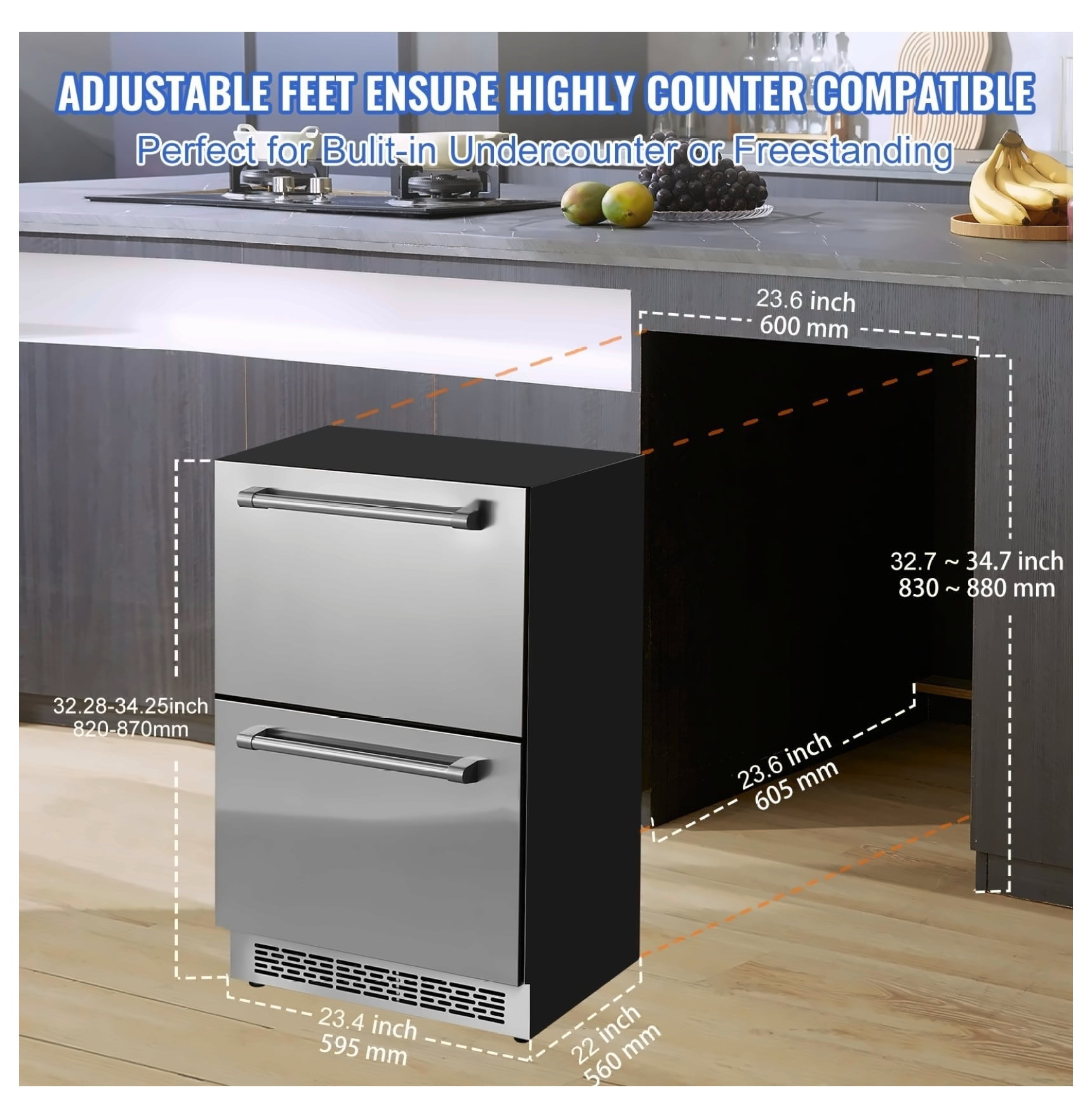 24 Inch Under Counter Refrigerator, 2 Drawer Fridge with Separate Temp, 5.12 Cu.ft. Waterproof Indoor/Outdoor Freezer for Home & Commercial Use