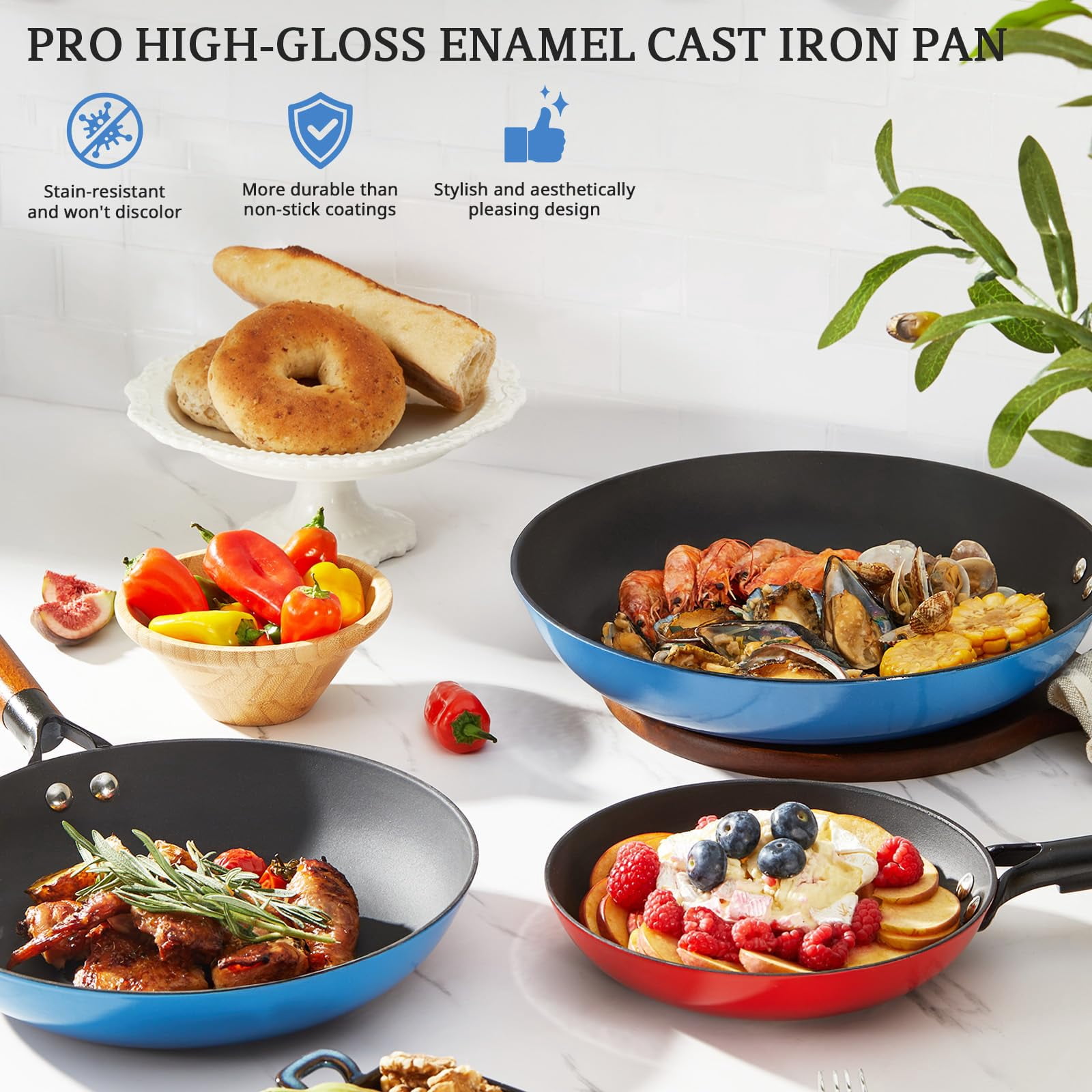 KITESSENSU Enameled Cast Iron Skillet Set of 3 (8/10/12 Inch), Titanium Nonstick Frying Pans with Cool Wooden Handle, Compatible with All Stovetops, Gradual Cobalt Blue