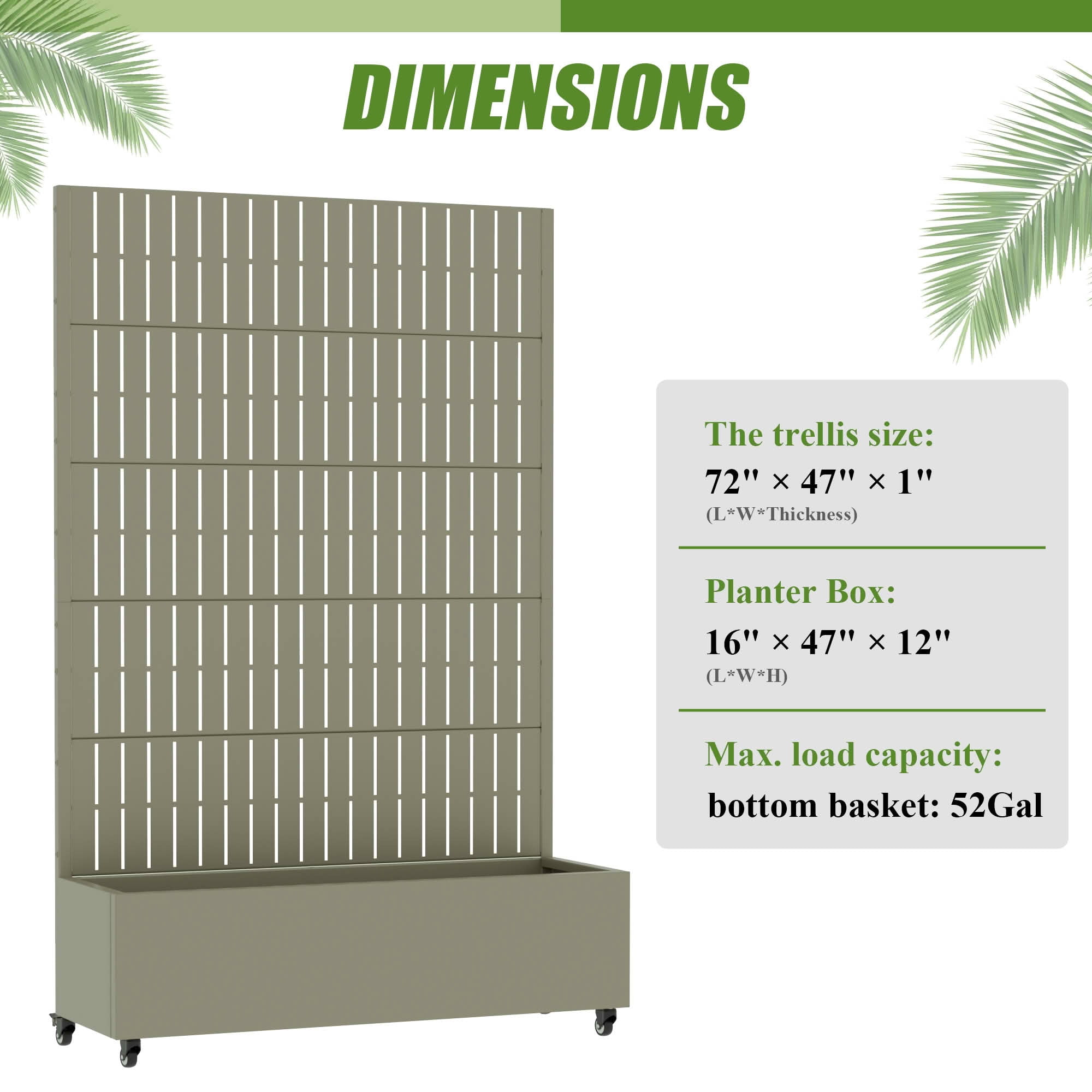 MAYEERTY 72X47" Metal Outdoor Olive Gray Privacy Screen with Planter Box for Backyard & Garden, 5 Piece Set