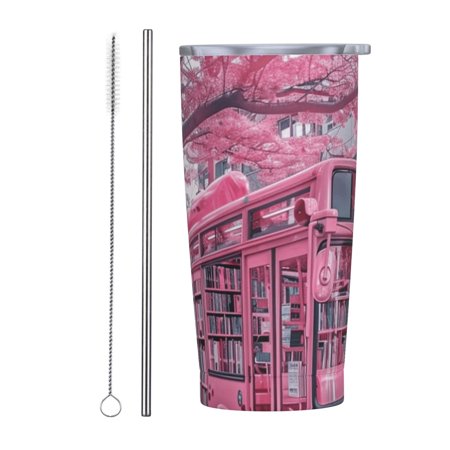 

The pink bus 20 oz stainless steel cup with lid and straw double layered vacuum coffee cup ice and hot drink travel cup car travel insulated cup