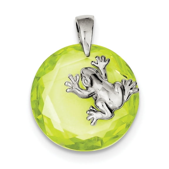 Sterling Silver Green Cubic Zirconia Frog Pendant - Measures 26x20mm Wide