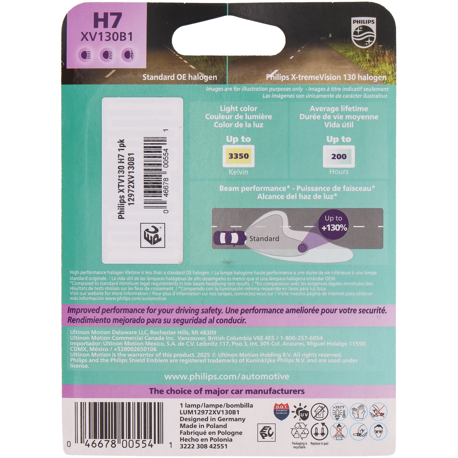 Philips X-tremeVision 130 H7 Halogen Headlight Bulb, 1 pack, Fits Select Vehicles