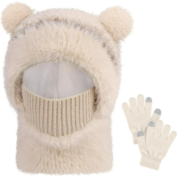 Kids Winter Hat Gloves Scarf Set- Kids Beanie Mask Cute Bear Pom Warm Fleece- Neck Warmer Mittens Fleece Lined Set